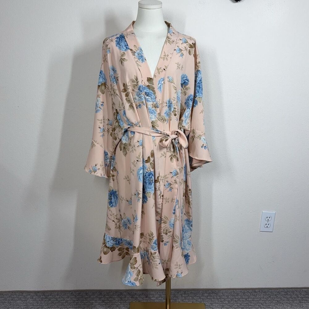 Birdy Grey Robe Womens 1X Floral Satin Kimono Ruffle Belted Bridal Party
